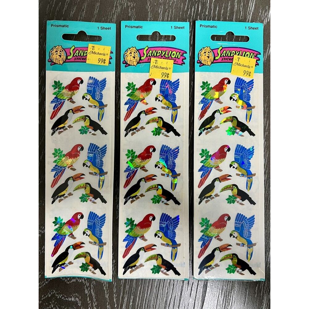 Sandylion Prismatic Tropical Birds Parrot Toucan Vintage 1990’s 3 Sheets Sealed